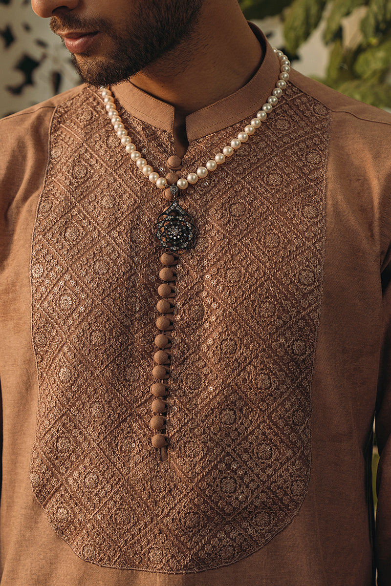 Russet Brown Embroidered Cotton Karandi Kurta Pajama (3-Piece) - Image 3