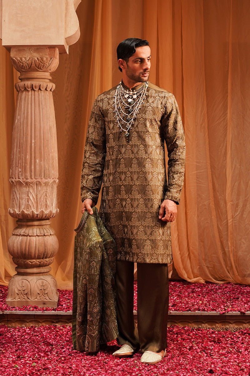Henna Brown Embroidered Cotton Silk Waistcoat Kurta (3-Piece) - Image 1