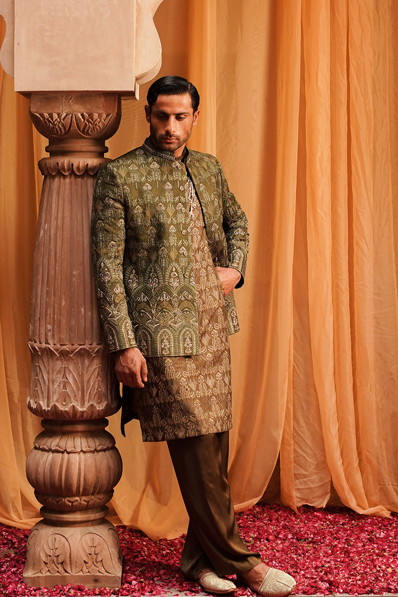 Henna Brown Embroidered Cotton Silk Waistcoat Kurta (3-Piece) - Image 2