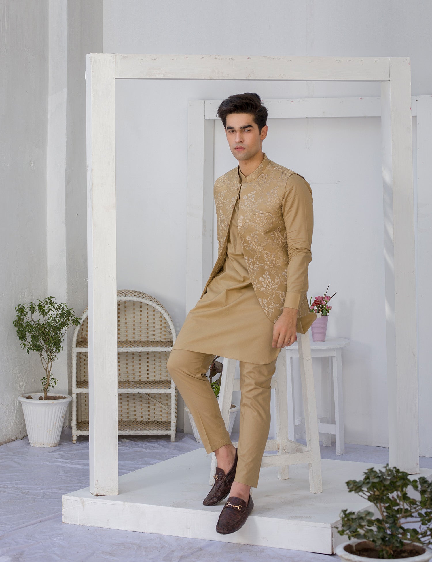 Camel Brown Embroidered Cotton Waistcoat Kurta (3-Piece) - Image 6