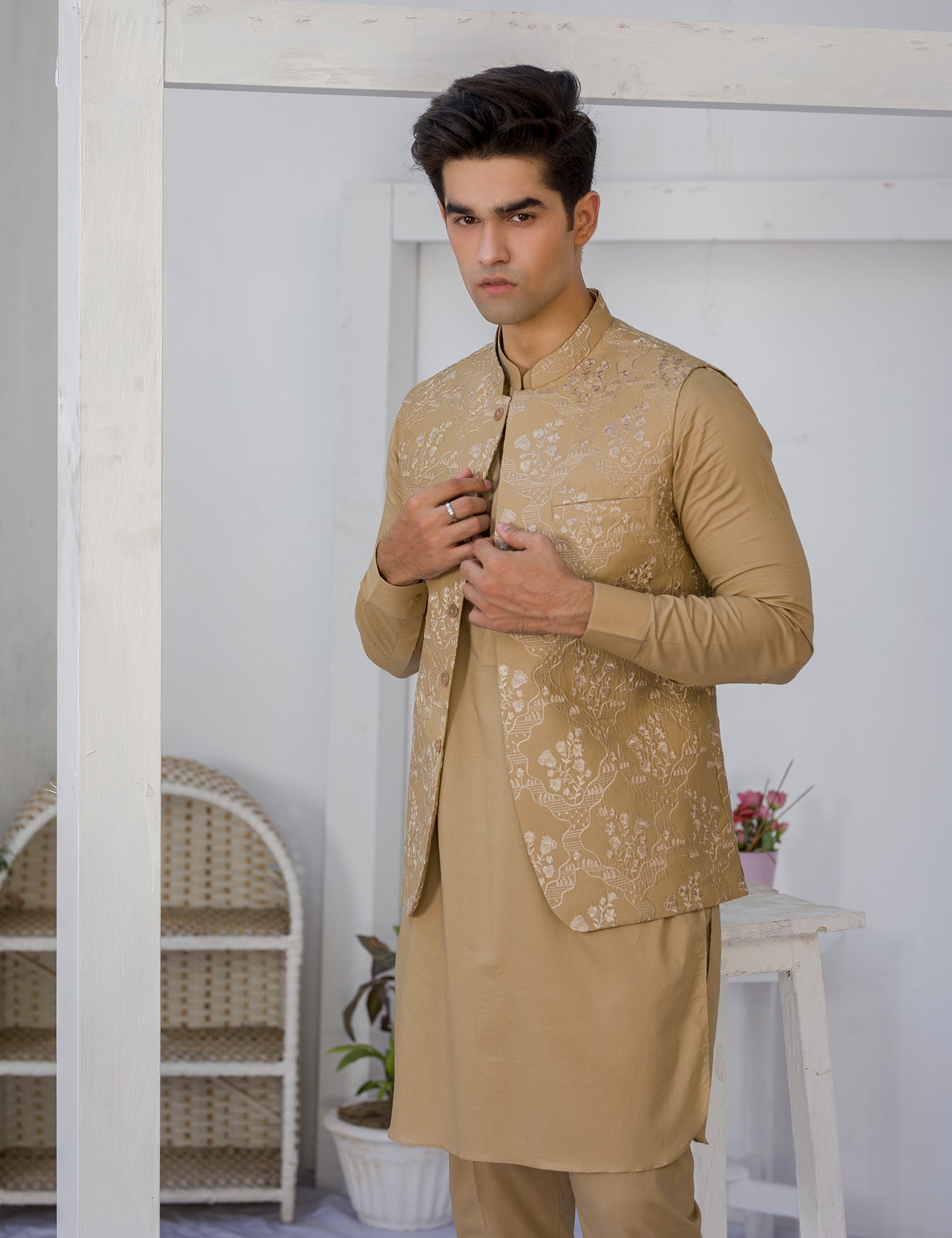 Camel Brown Embroidered Cotton Waistcoat Kurta (3-Piece) - Image 7