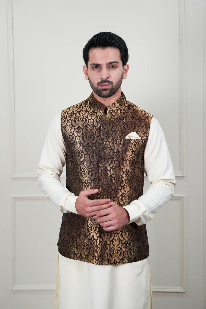 Brown Golden Zari Jamawar Waistcoat Kurta Pajama (3-Piece) - Image 1