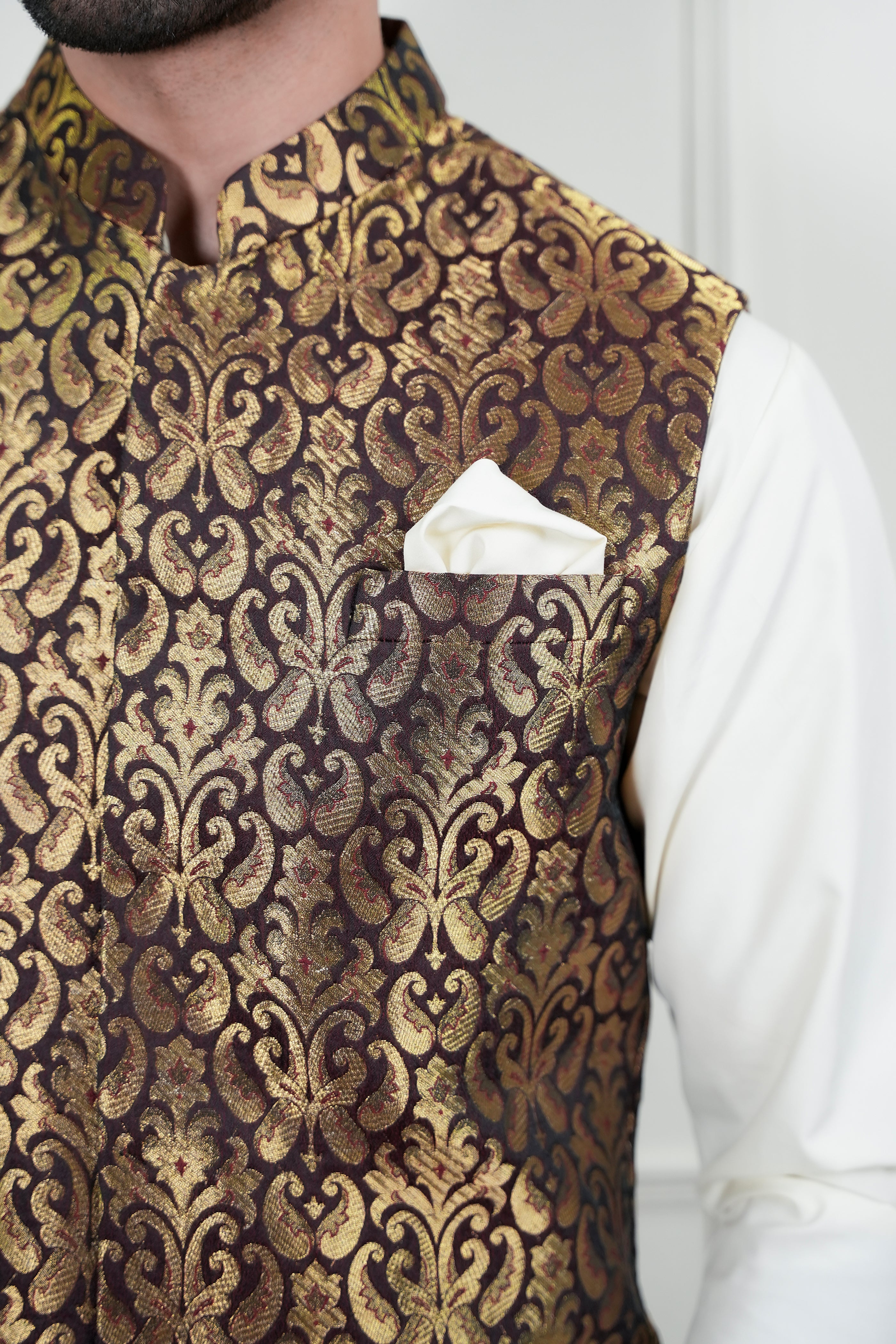 Brown Golden Zari Jamawar Waistcoat Kurta Pajama (3-Piece) - Image 3