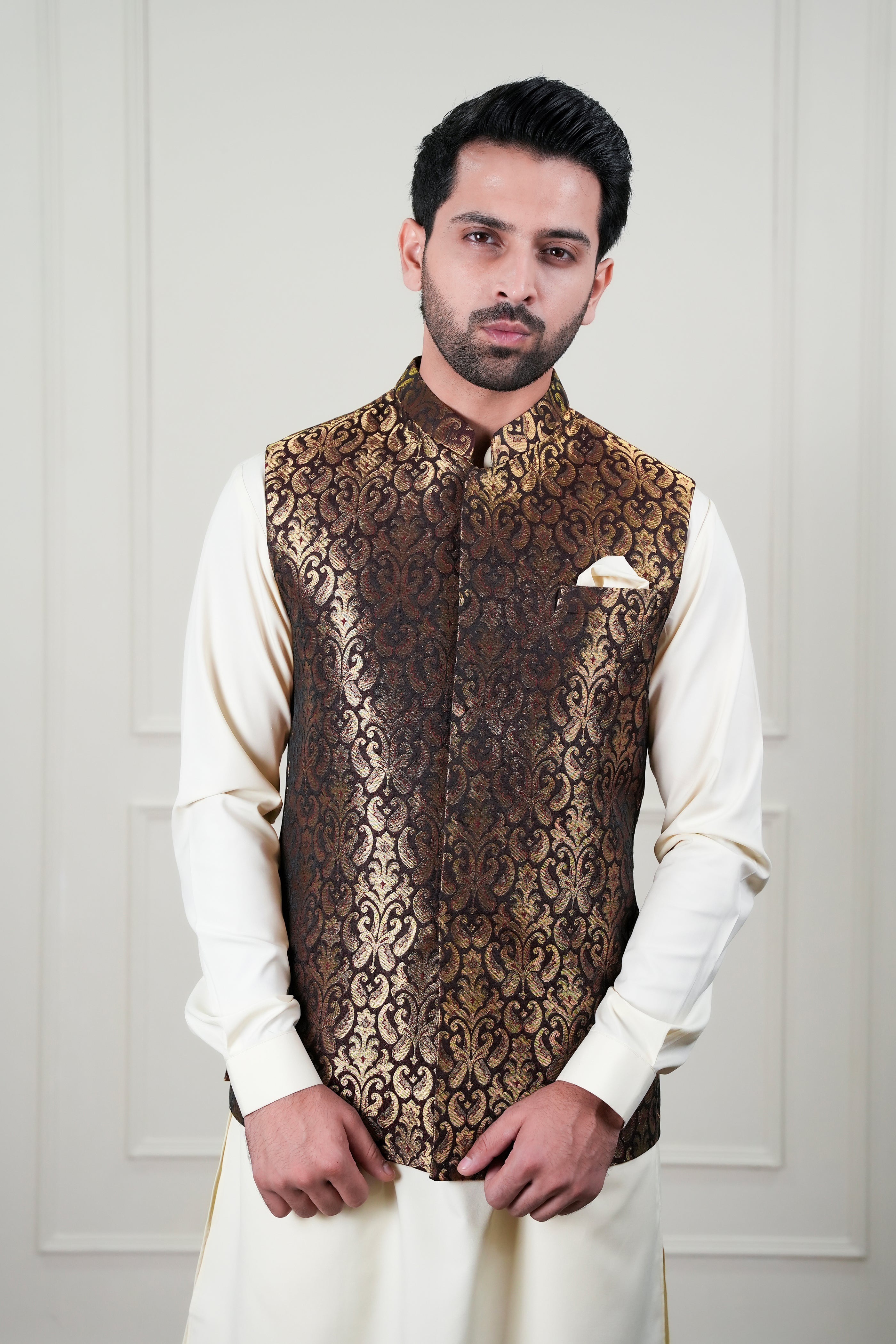 Brown Golden Zari Jamawar Waistcoat Kurta Pajama (3-Piece) - Image 5