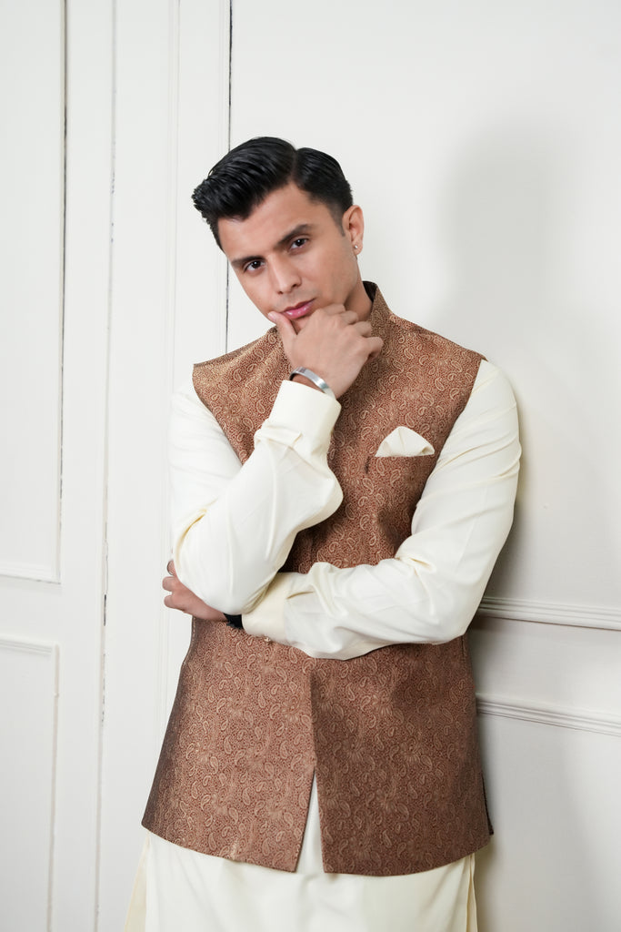 Brown Self Jamawar Waistcoat Kurta Pajama (3-Piece) - Image 1