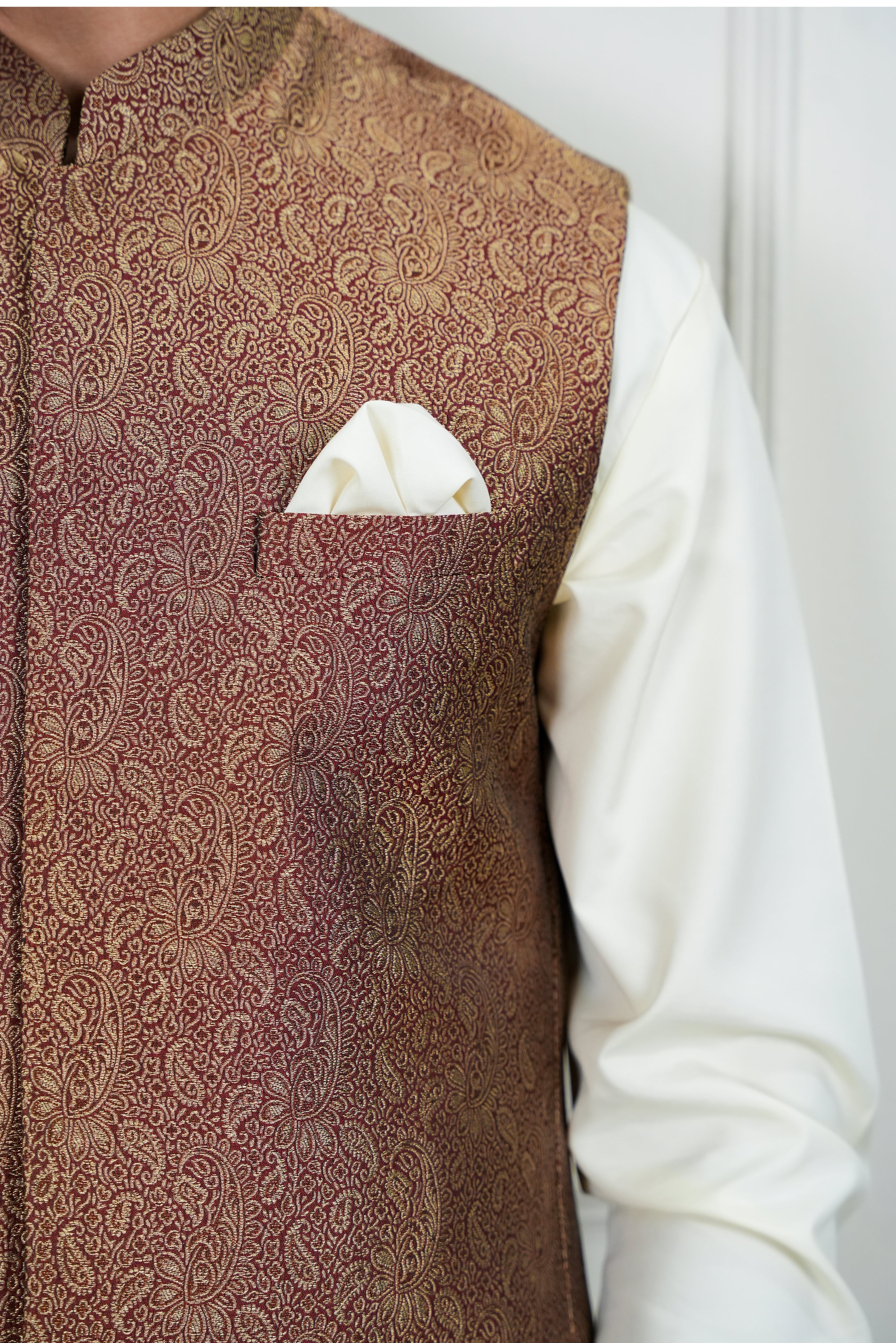 Brown Self Jamawar Waistcoat Kurta Pajama (3-Piece) - Image 3