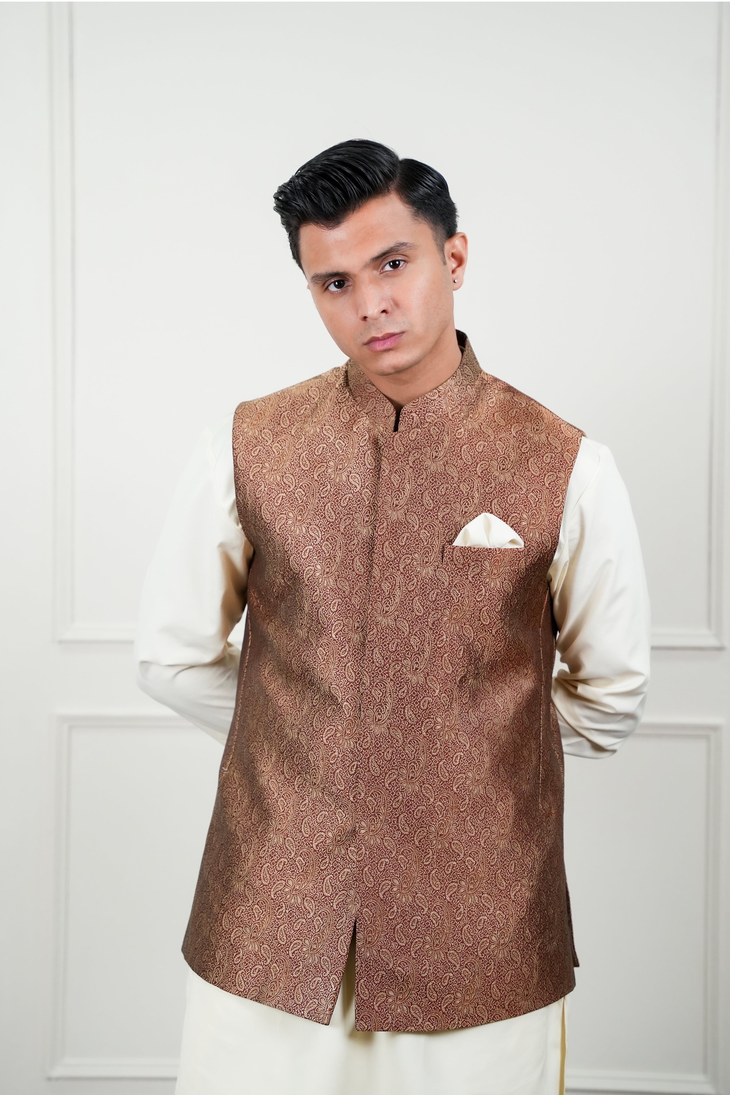 Brown Self Jamawar Waistcoat Kurta Pajama (3-Piece) - Image 4