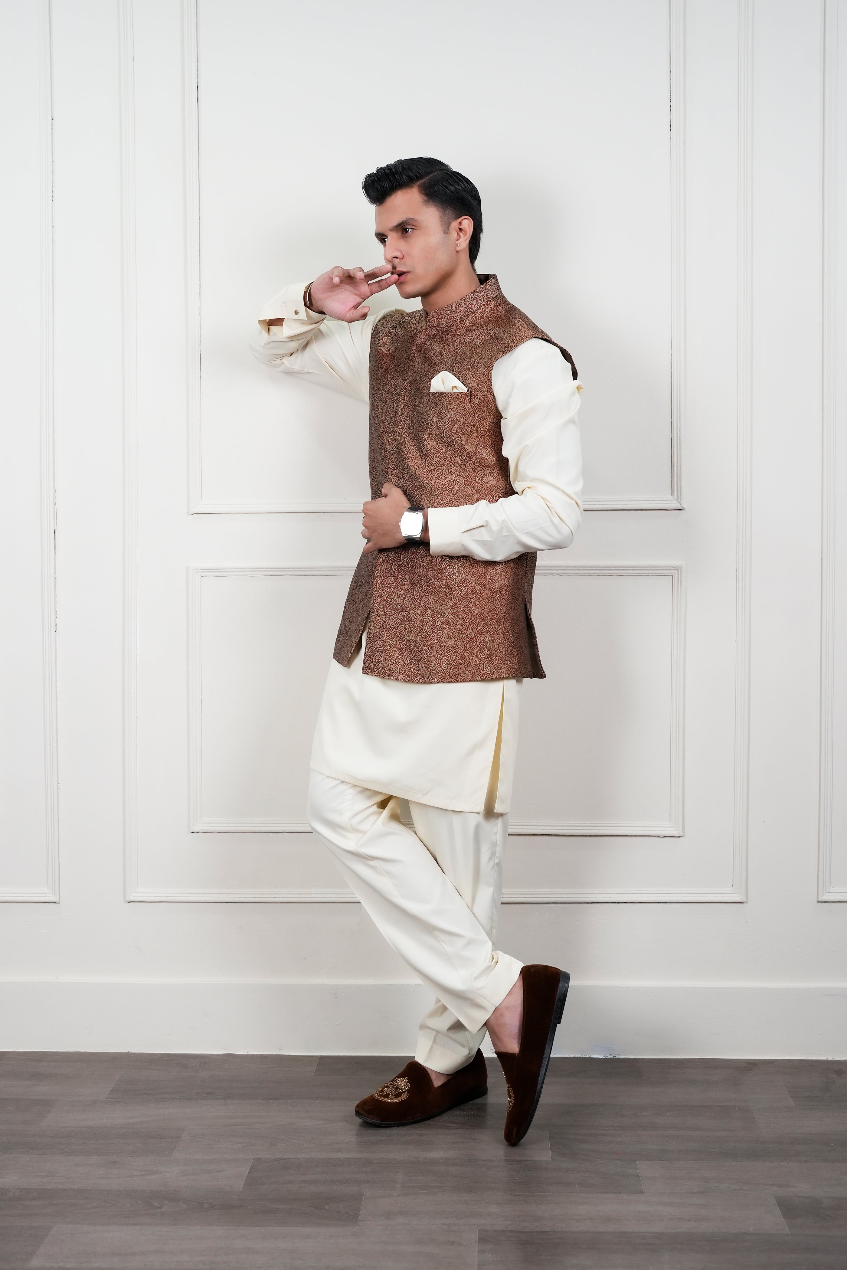 Brown Self Jamawar Waistcoat Kurta Pajama (3-Piece) - Image 5