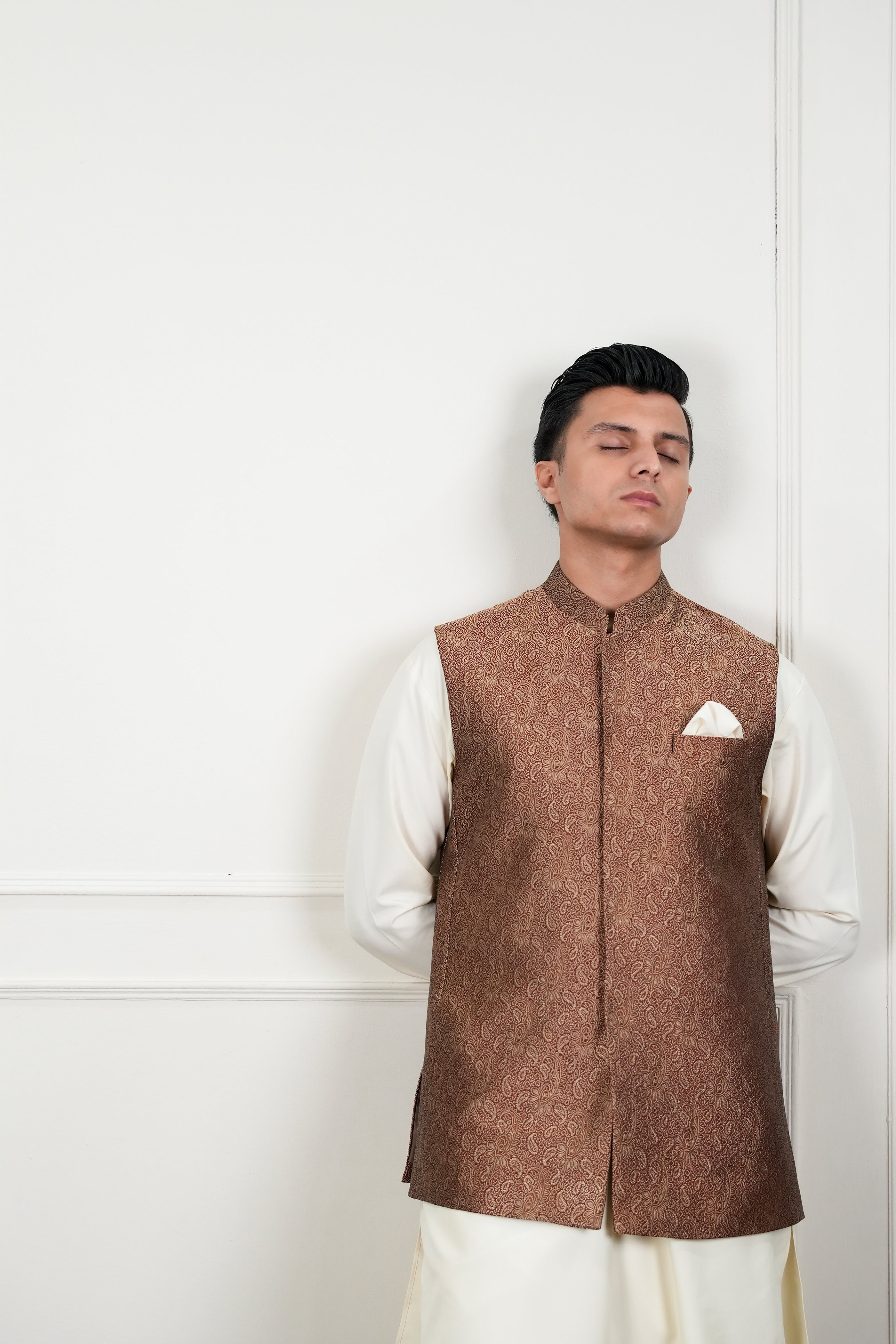 Brown Self Jamawar Waistcoat Kurta Pajama (3-Piece) - Image 7