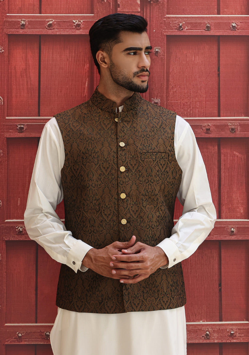 Sepia Woven Karandi Jamawar Waistcoat (2-Piece) - Image 1
