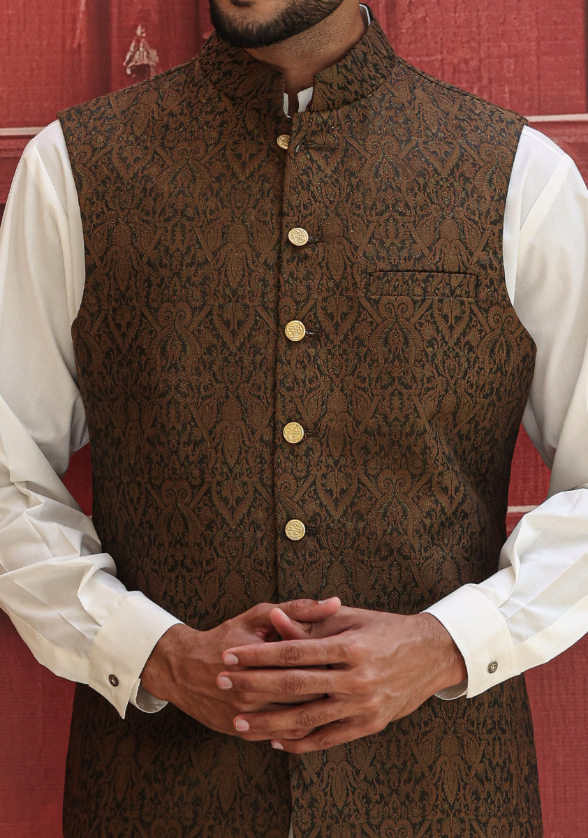 Sepia Woven Karandi Jamawar Waistcoat (2-Piece) - Image 2