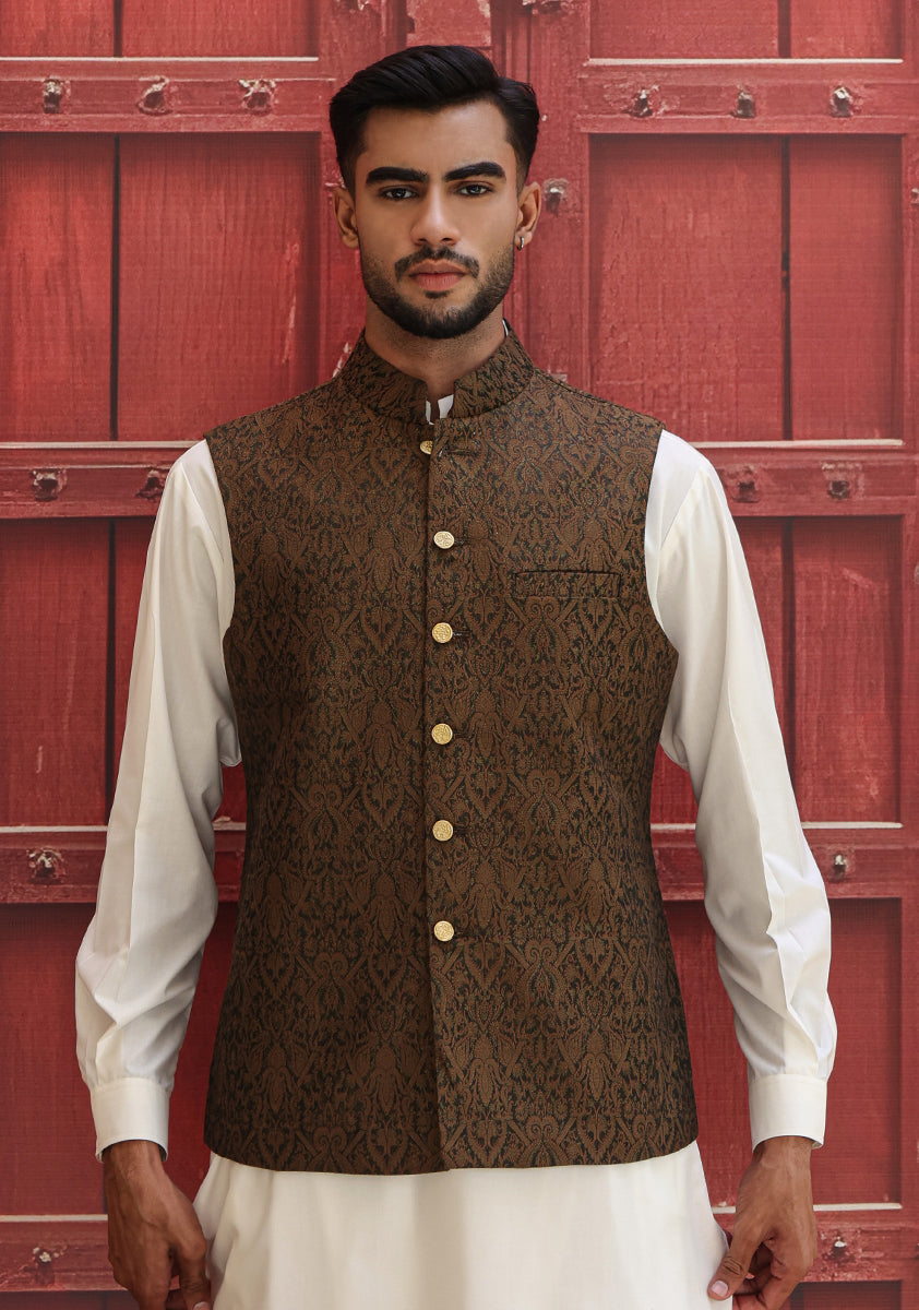Sepia Woven Karandi Jamawar Waistcoat (2-Piece) - Image 3