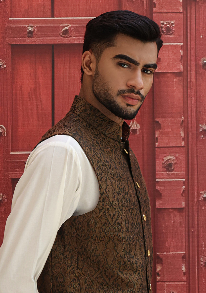Sepia Woven Karandi Jamawar Waistcoat (2-Piece) - Image 4