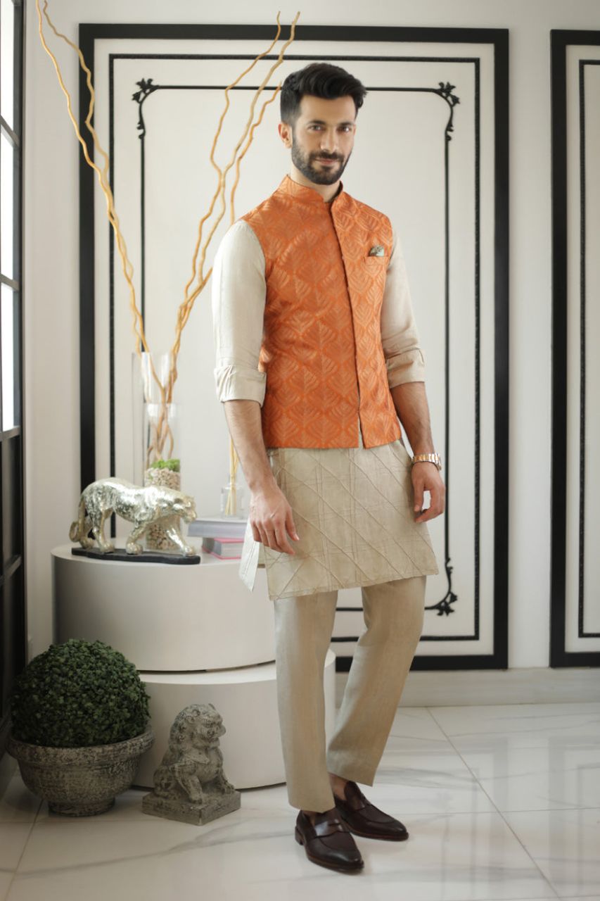 Rust Embroidered Raw Silk Waistcoat Kurta (3-Piece) - Image 1