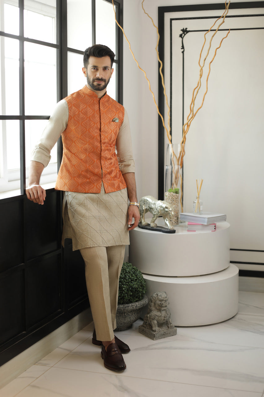 Rust Embroidered Raw Silk Waistcoat Kurta (3-Piece) - Image 2