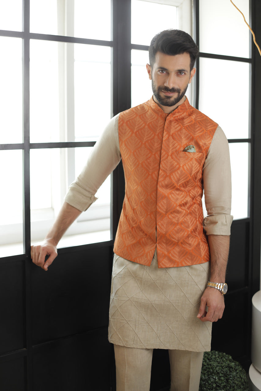 Rust Embroidered Raw Silk Waistcoat Kurta (3-Piece) - Image 3