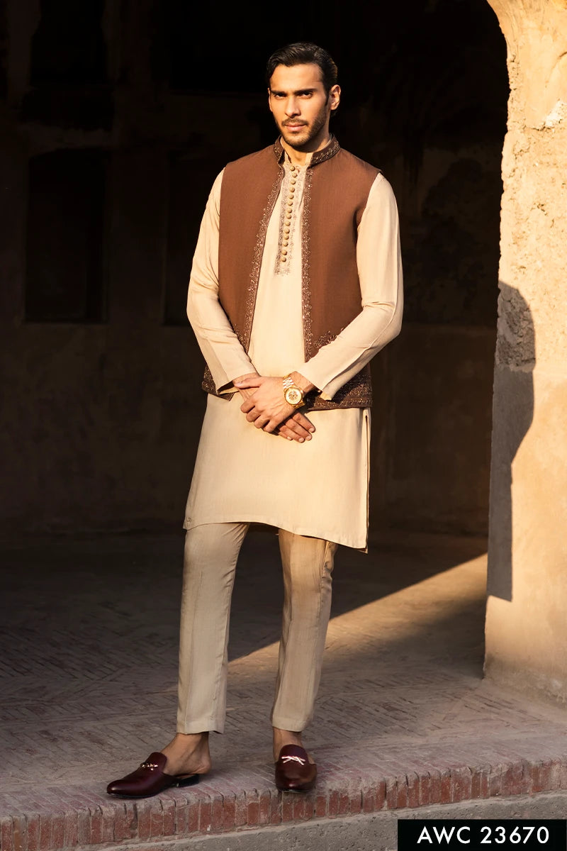 Brown Dori Embroidered Serona Waistcoat Kurta (3-Piece) - Image 1