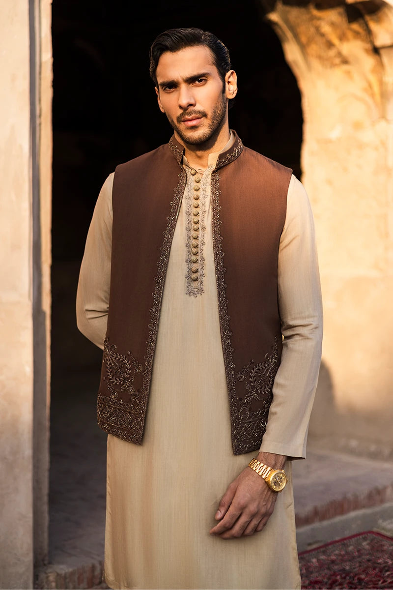 Brown Dori Embroidered Serona Waistcoat Kurta (3-Piece) - Image 2