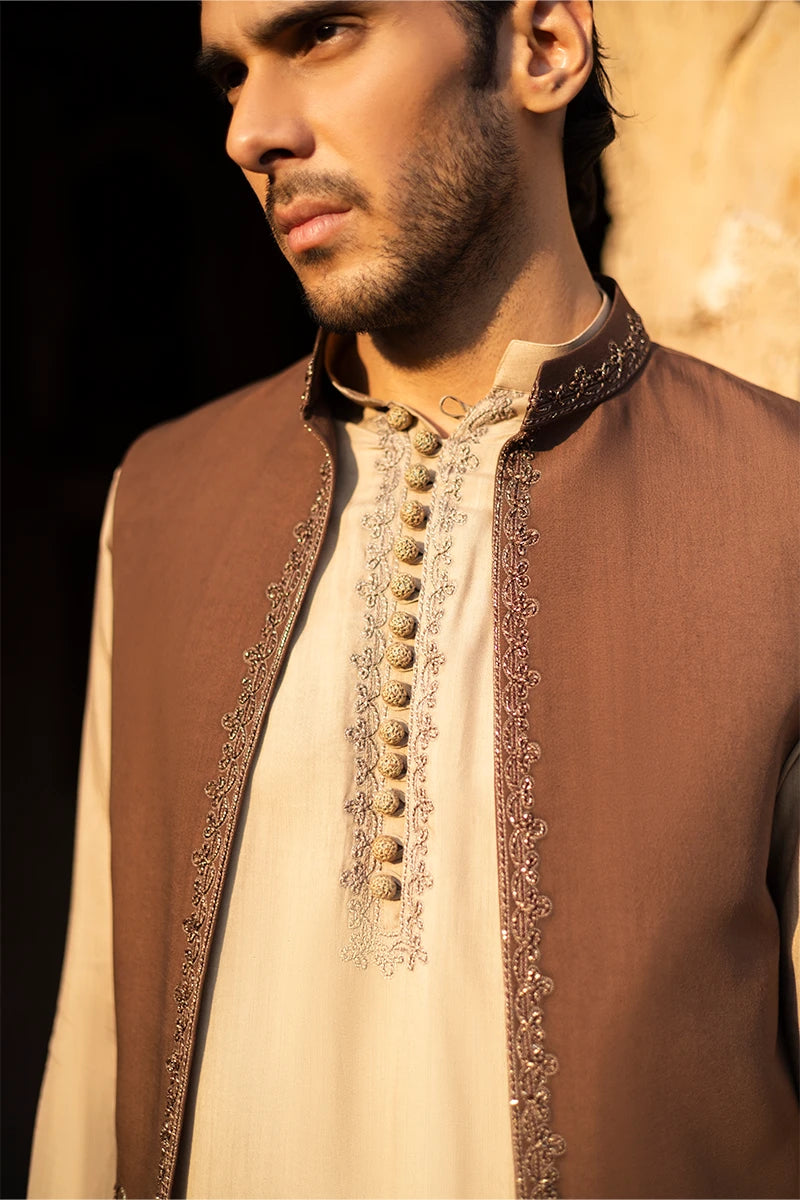 Brown Dori Embroidered Serona Waistcoat Kurta (3-Piece) - Image 3