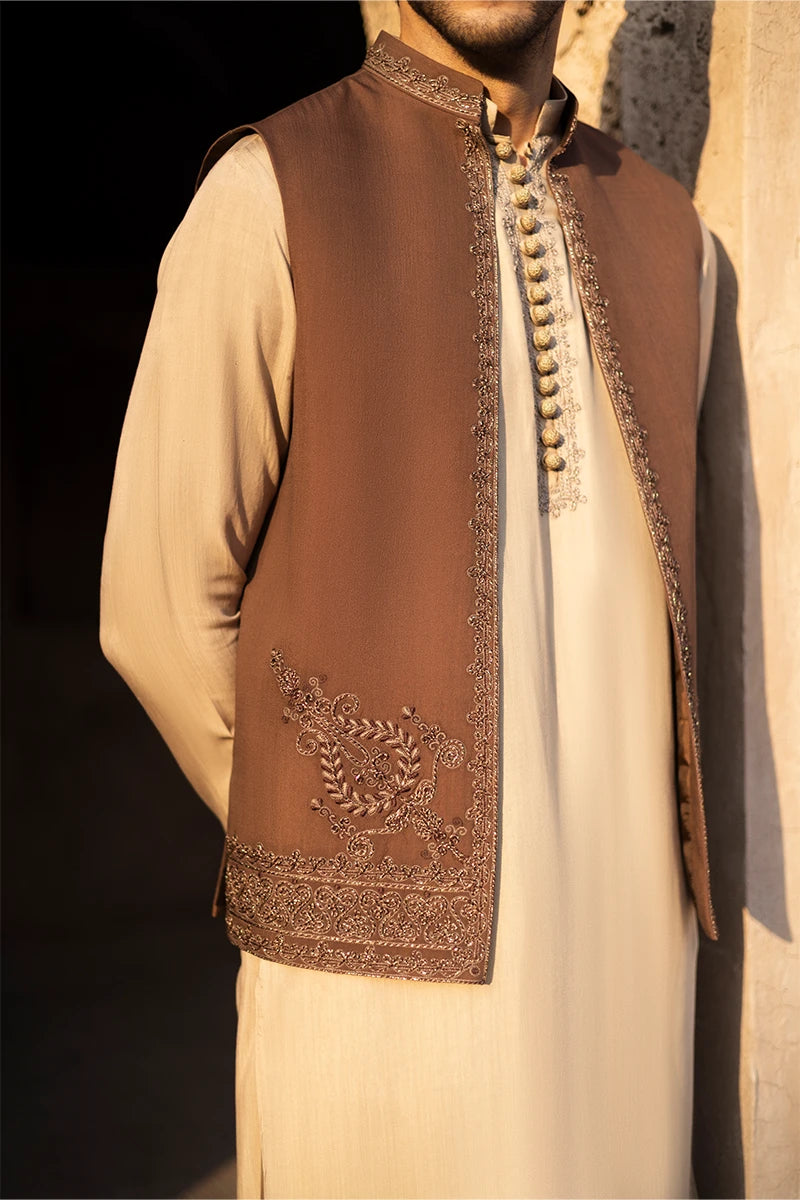 Brown Dori Embroidered Serona Waistcoat Kurta (3-Piece) - Image 4
