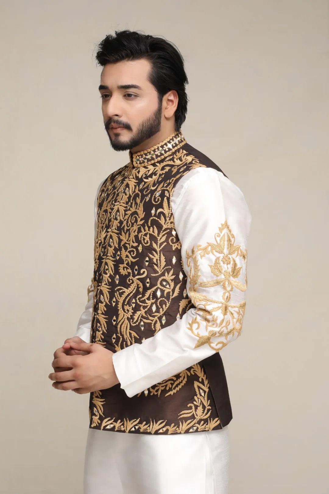 Brown Embroidered Silk-Blend Waistcoat Kurta (3-Piece) - Image 3