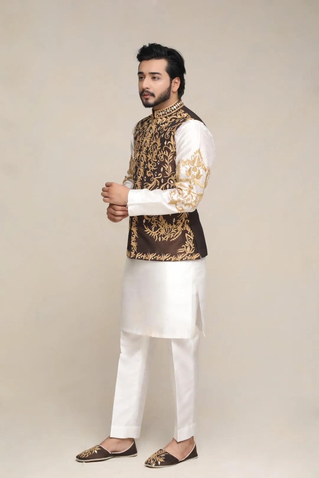 Brown Embroidered Silk-Blend Waistcoat Kurta (3-Piece) - Image 4