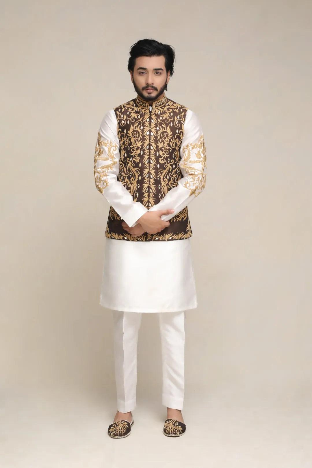 Brown Embroidered Silk-Blend Waistcoat Kurta (3-Piece) - Image 1