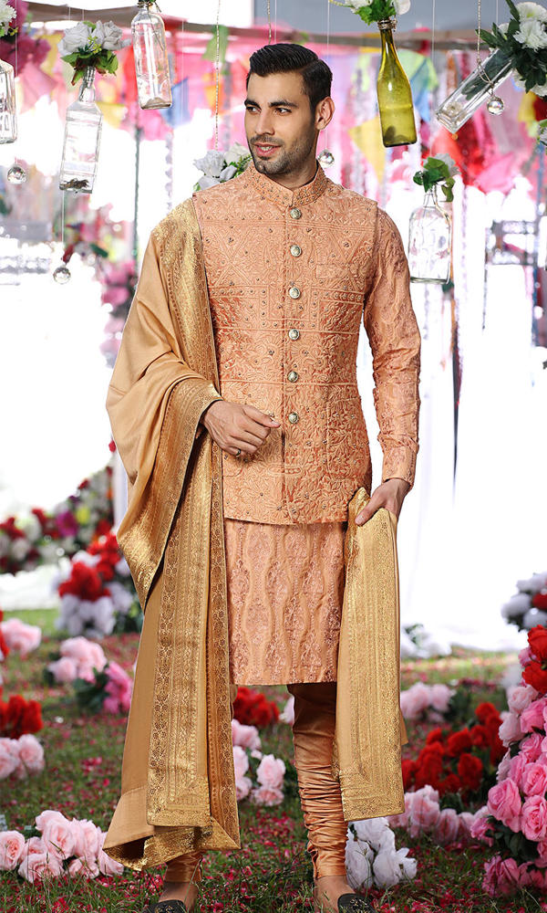 Burnt Sienna Embroidered Silk-Blend Waistcoat Kurta (3-Piece) - Image 2