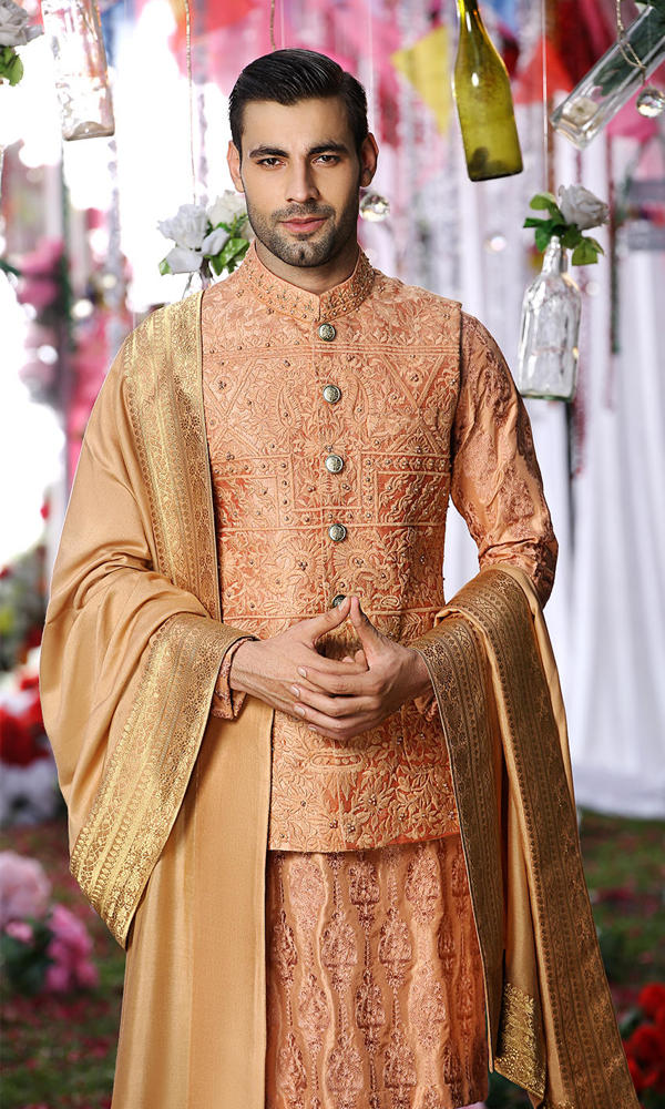 Burnt Sienna Embroidered Silk-Blend Waistcoat Kurta (3-Piece) - Image 3