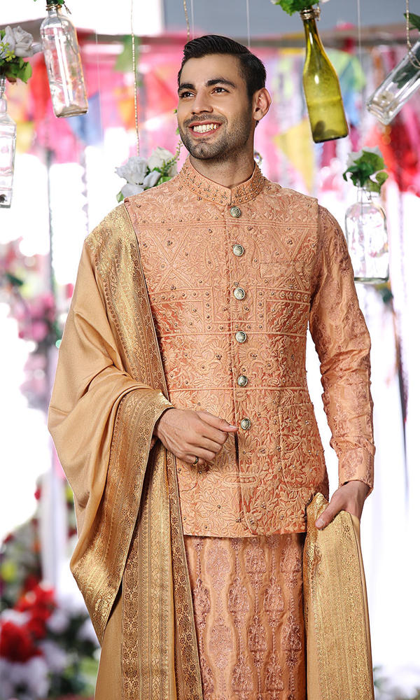 Burnt Sienna Embroidered Silk-Blend Waistcoat Kurta (3-Piece) - Image 4