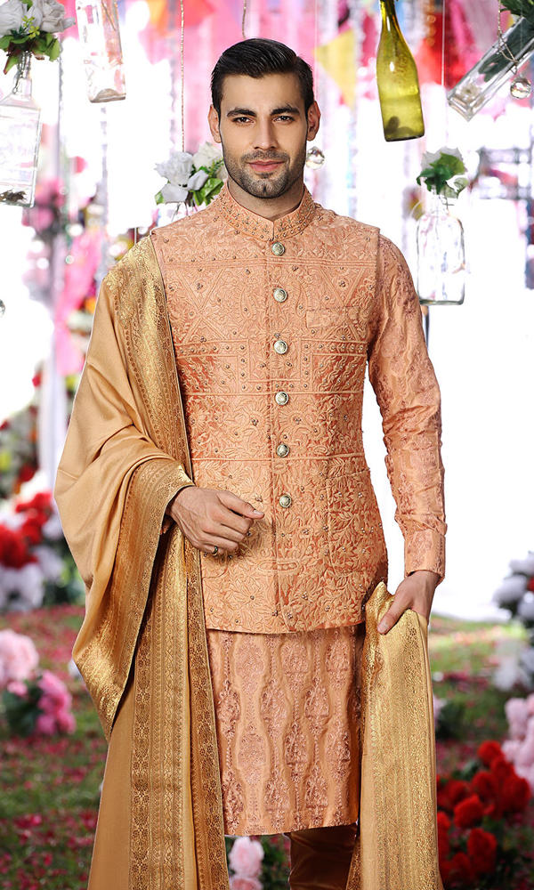 Burnt Sienna Embroidered Silk-Blend Waistcoat Kurta (3-Piece) - Image 5