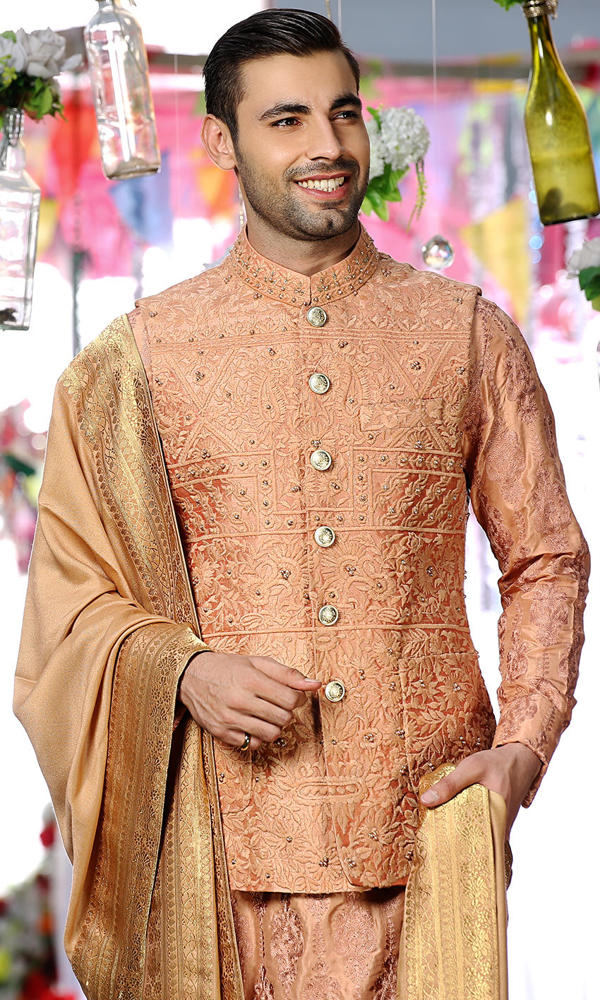 Burnt Sienna Embroidered Silk-Blend Waistcoat Kurta (3-Piece) - Image 6