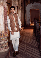 Rich Brown Embroidered Silk-Blend Waistcoat Kurta (3-Piece) - Image 2