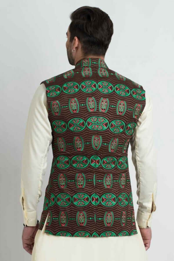 Brown Thread-Embroidered Silk Waistcoat (2-Piece) - Image 2
