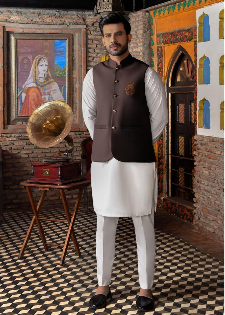 Brown Embroidered TR Waistcoat with Off-White Kurta (3-Piece) - Image 1