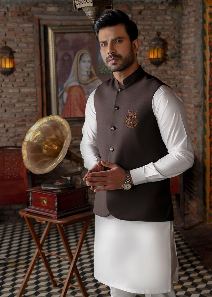 Brown Embroidered TR Waistcoat with Off-White Kurta (3-Piece) - Image 2