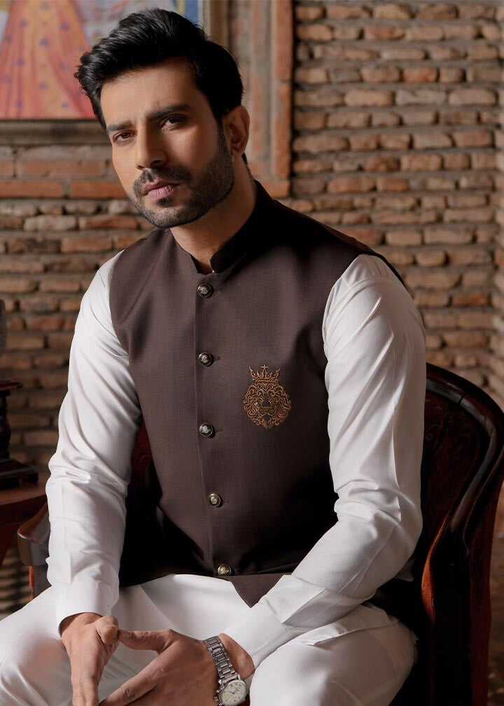 Brown Embroidered TR Waistcoat with Off-White Kurta (3-Piece) - Image 3