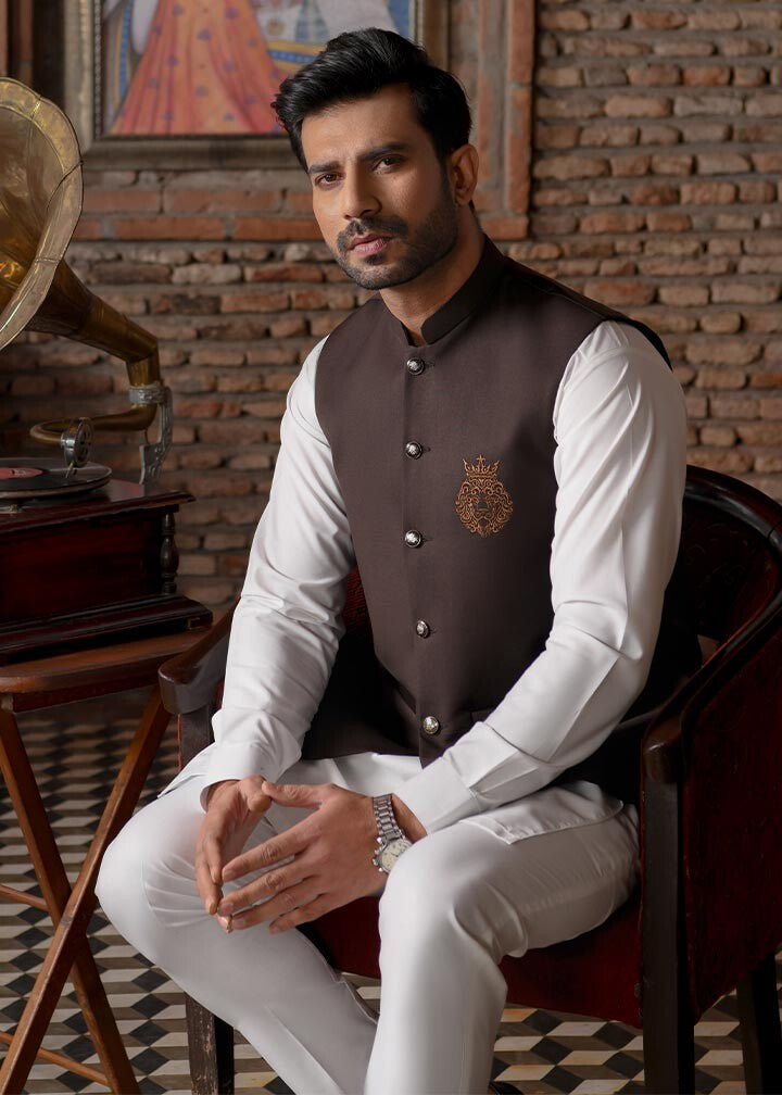Brown Embroidered TR Waistcoat with Off-White Kurta (3-Piece) - Image 4