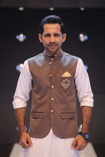 Brown Monogram Embroidered Velvet Waistcoat (3-Piece) - Image 1