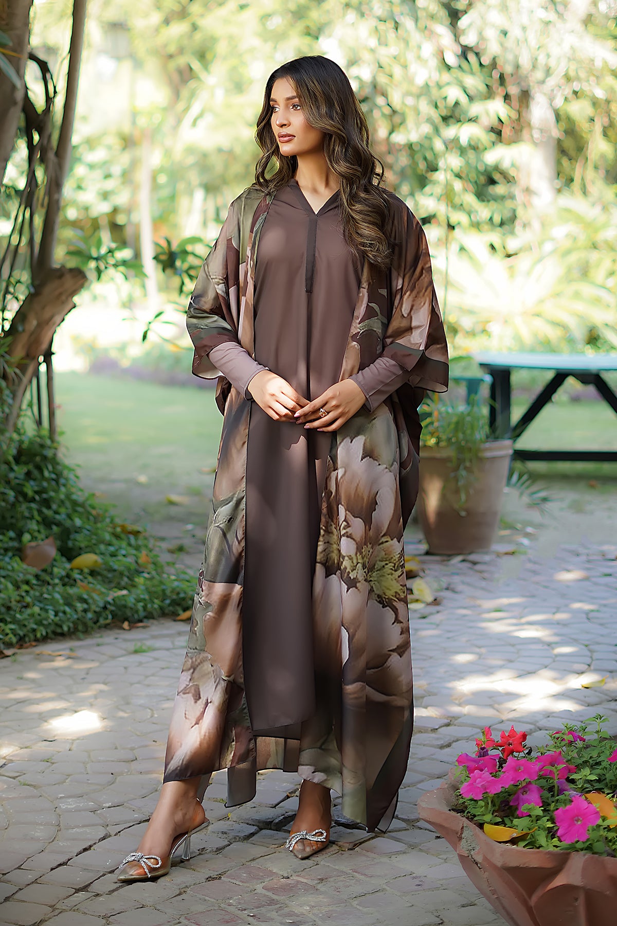 Pakistani Brown Digital Printed Grip Silk Cape Dress (3-Piece) - Image 1
