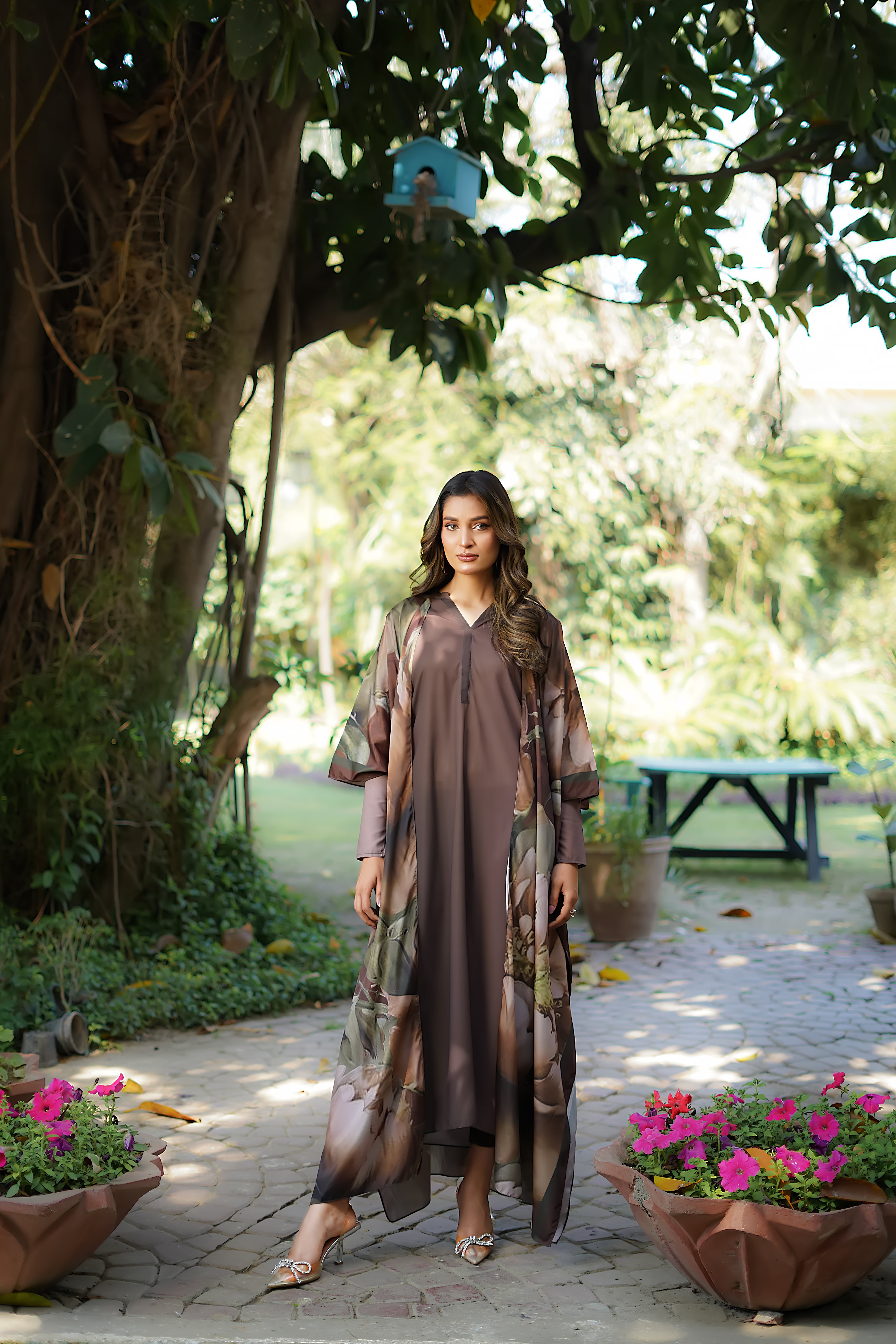 Pakistani Brown Digital Printed Grip Silk Cape Dress (3-Piece) - Image 2
