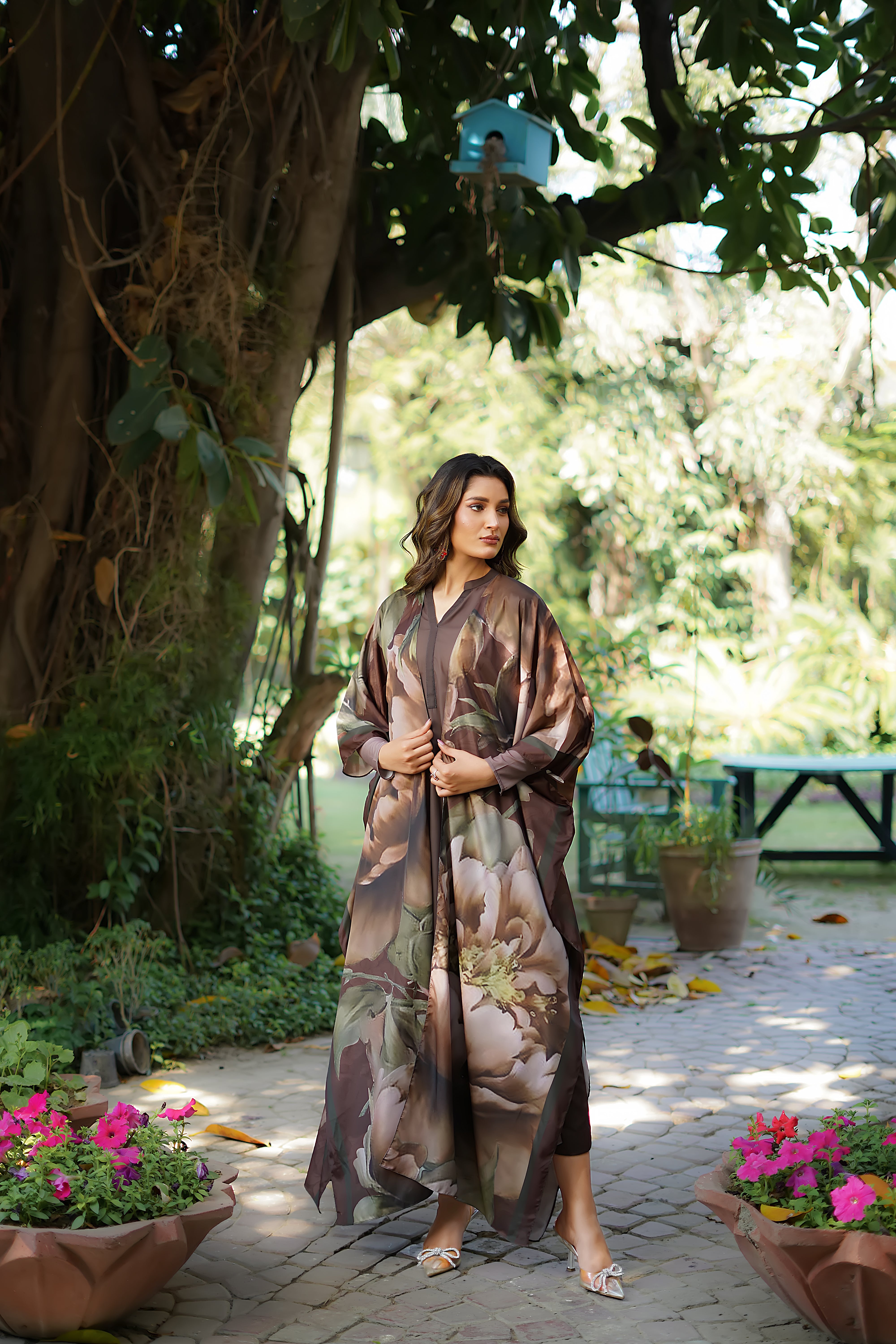Pakistani Brown Digital Printed Grip Silk Cape Dress (3-Piece) - Image 3