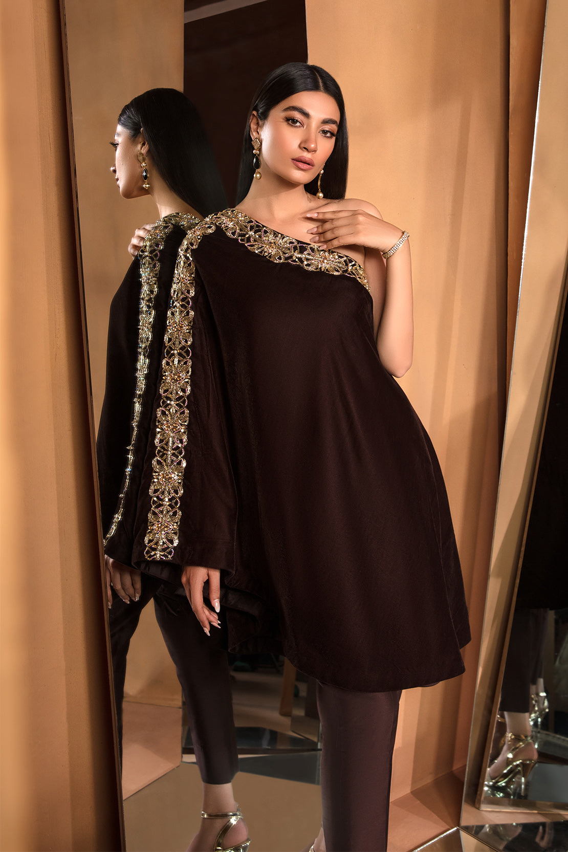 Pakistani Deep Brown Embellished Velvet Cape Dress (2-Piece) - Image 6