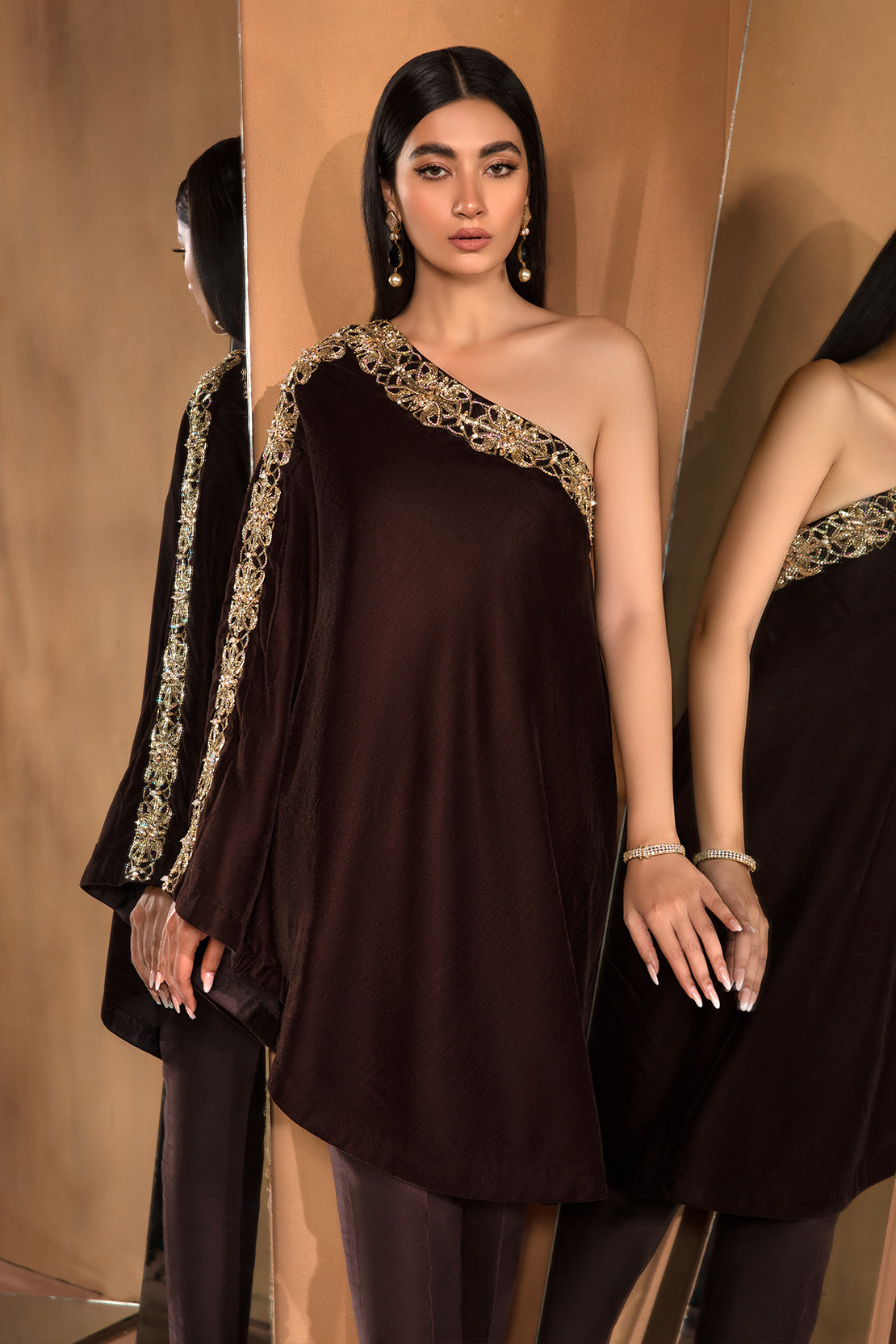 Pakistani Deep Brown Embellished Velvet Cape Dress (2-Piece) - Image 7