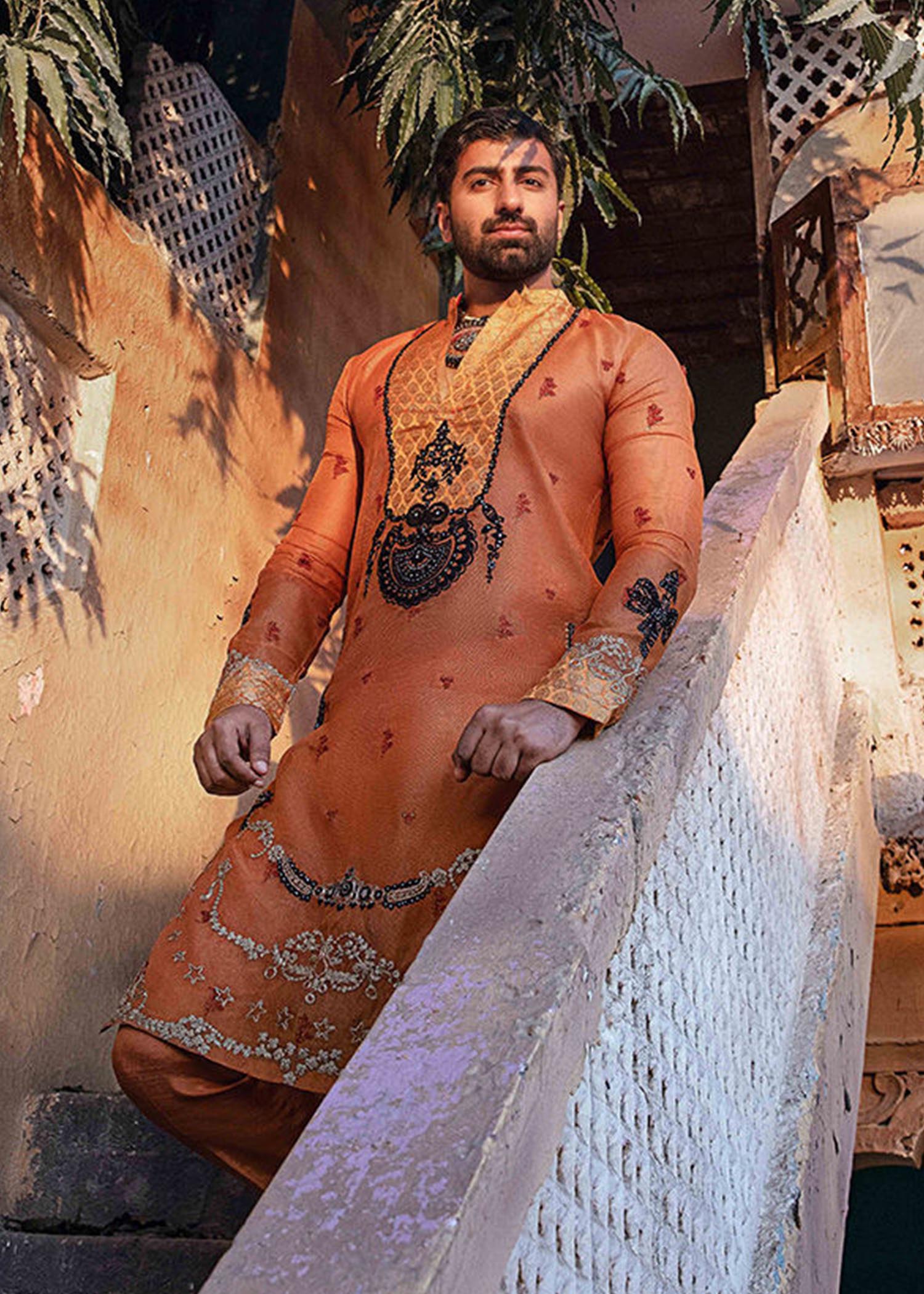Rust Embroidered Cotton Net & Raw Silk Kurta (2-Piece) - Image 1