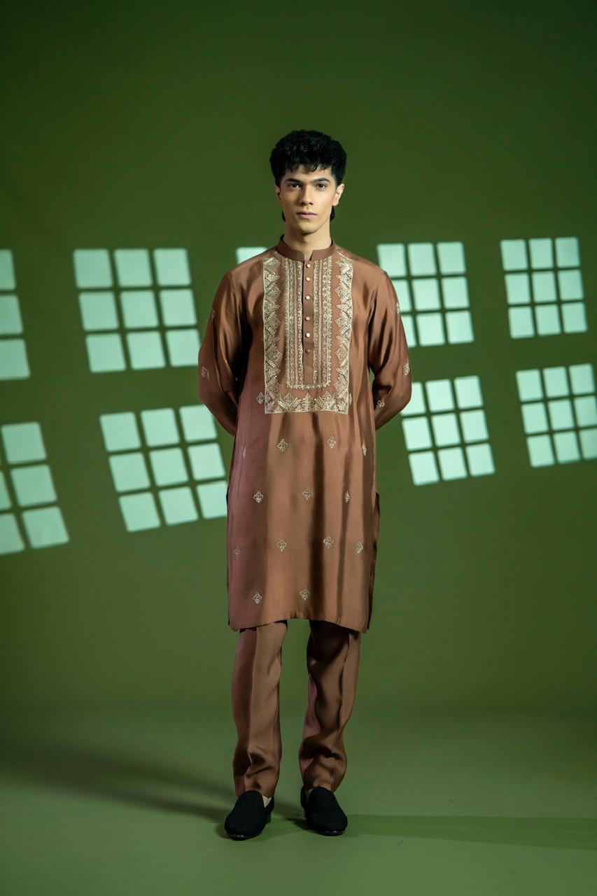 Brown Embroidered Cotton Net Kurta Set (2-Piece) - Image 3