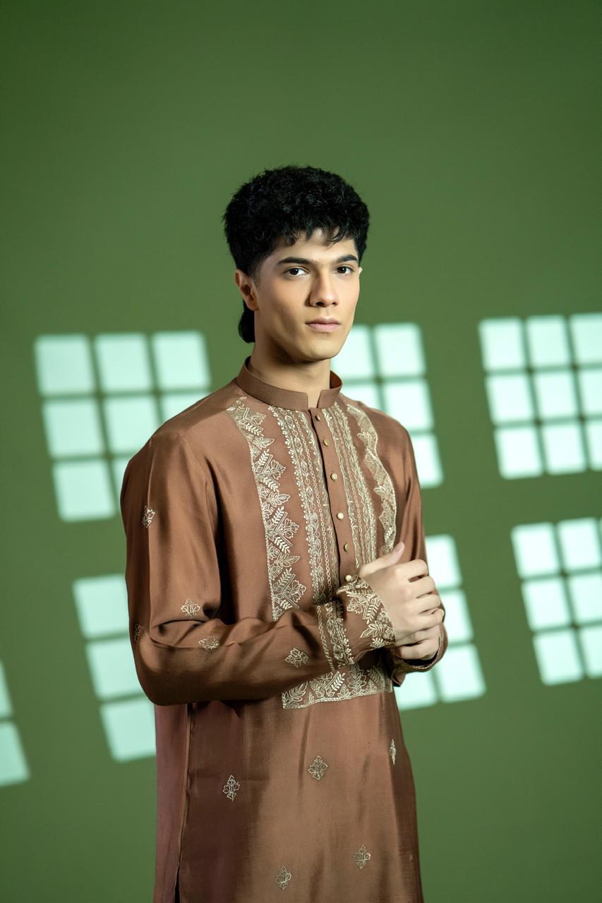 Brown Embroidered Cotton Net Kurta Set (2-Piece) - Image 5