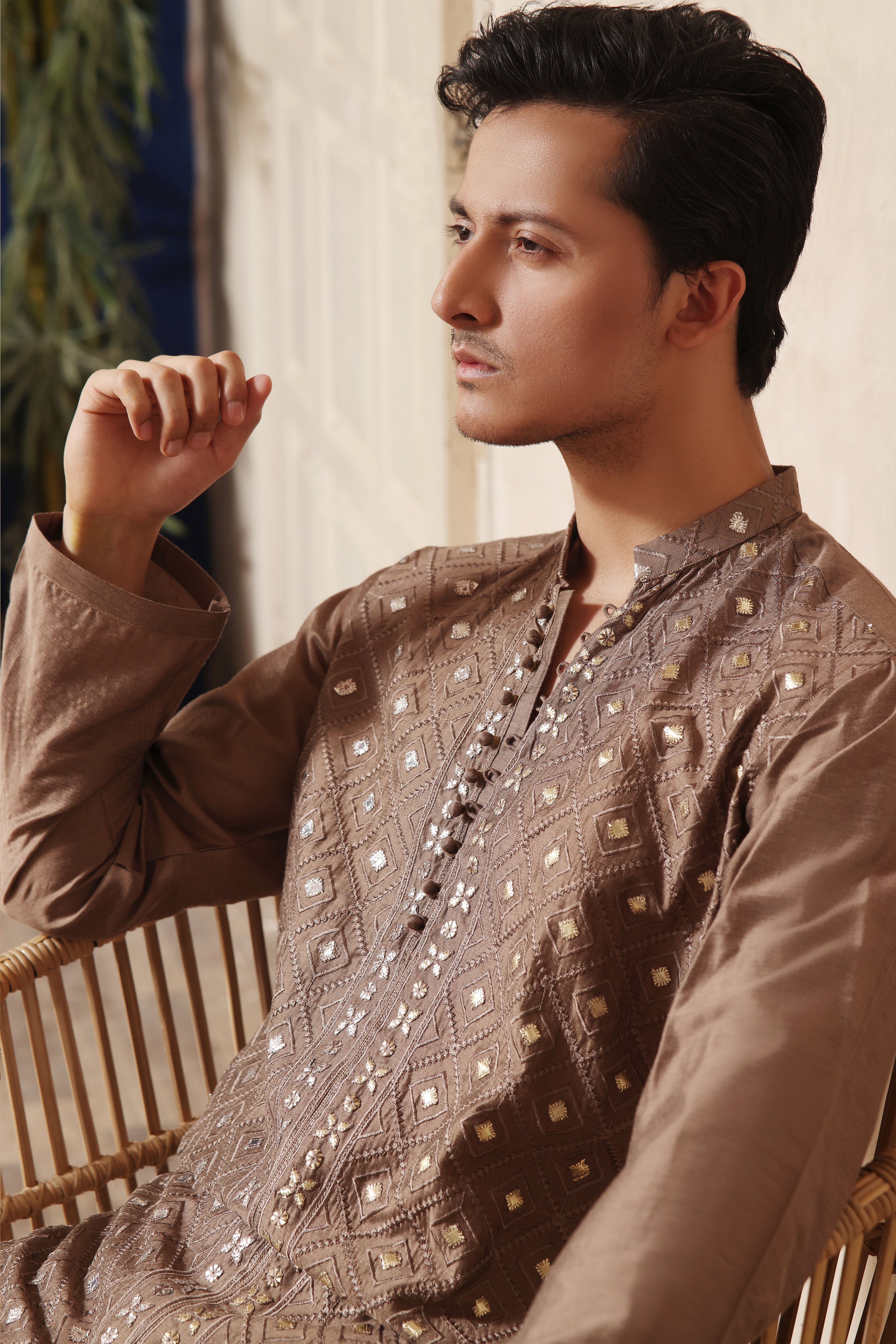 Fawn Brown Resham & Mirror Embroidered Cotton Silk Kurta (2-Piece) - Image 1
