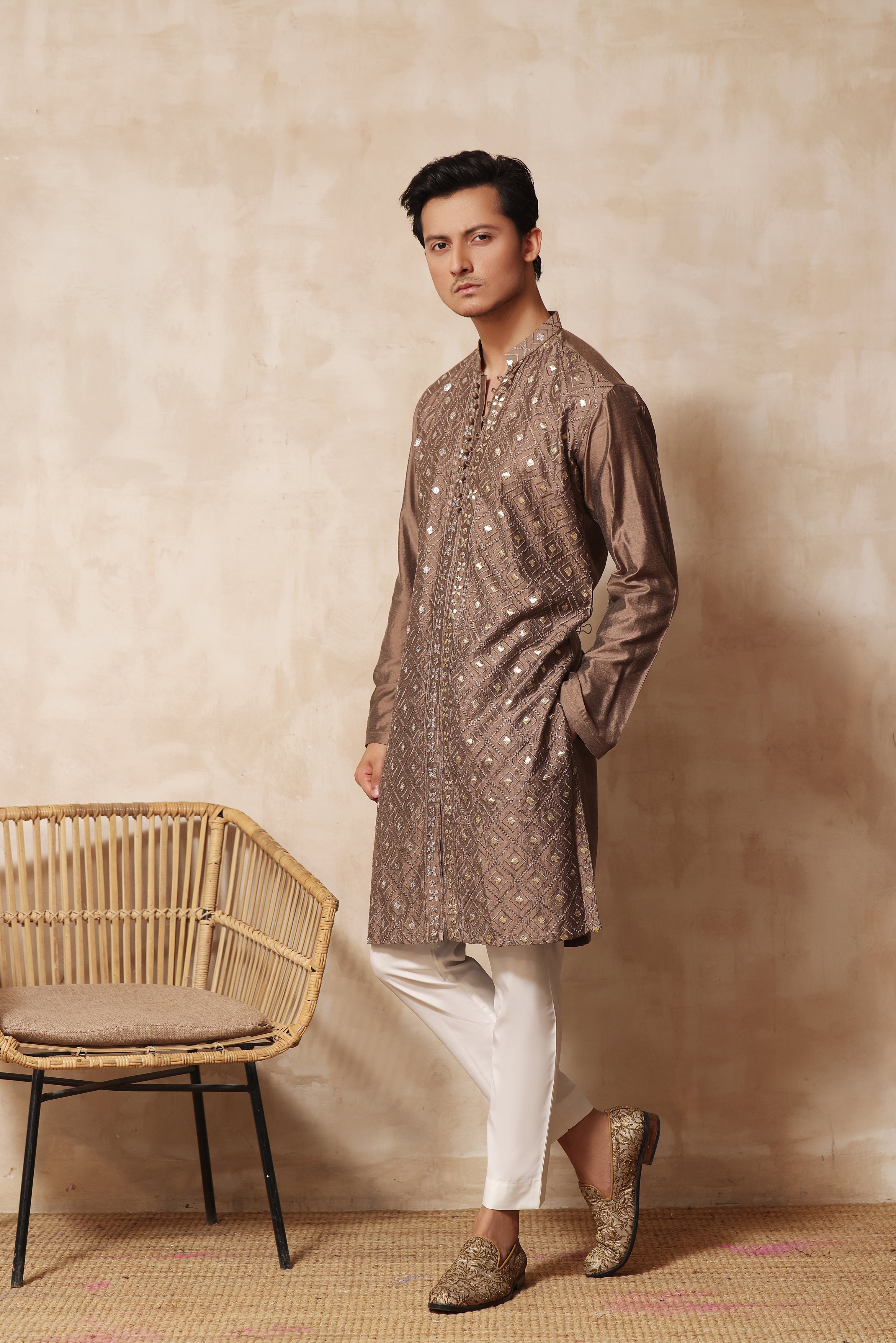 Fawn Brown Resham & Mirror Embroidered Cotton Silk Kurta (2-Piece) - Image 2