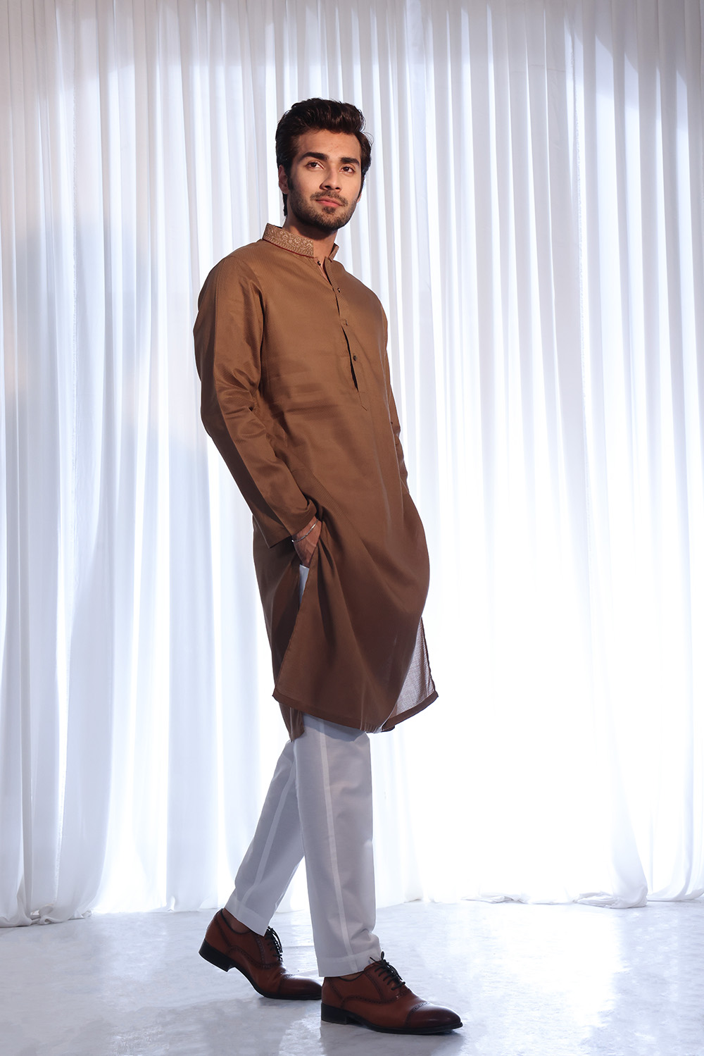 Brown Embroidered Collar Cotton-Silk Kurta (2-Piece) - Image 1